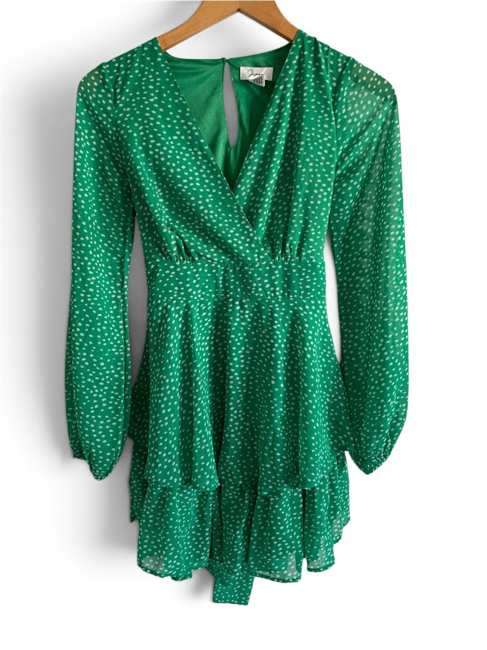 Green Polka Dot Long Sleeve Dress Tiered Ruffle Bottom Tie Back Juniors XS